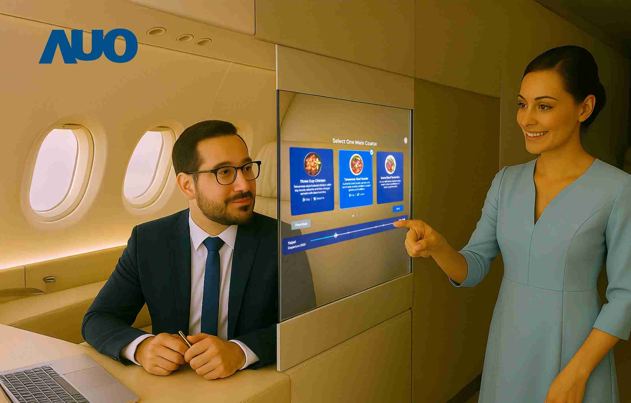 PA直营研发全球最薄17.3 吋双面透明 Micro LED 显示器，，，可在同一屏幕之双边投射不同信息，，，，创造独特的”透明化”互动；图为实时翻译交流应用情境